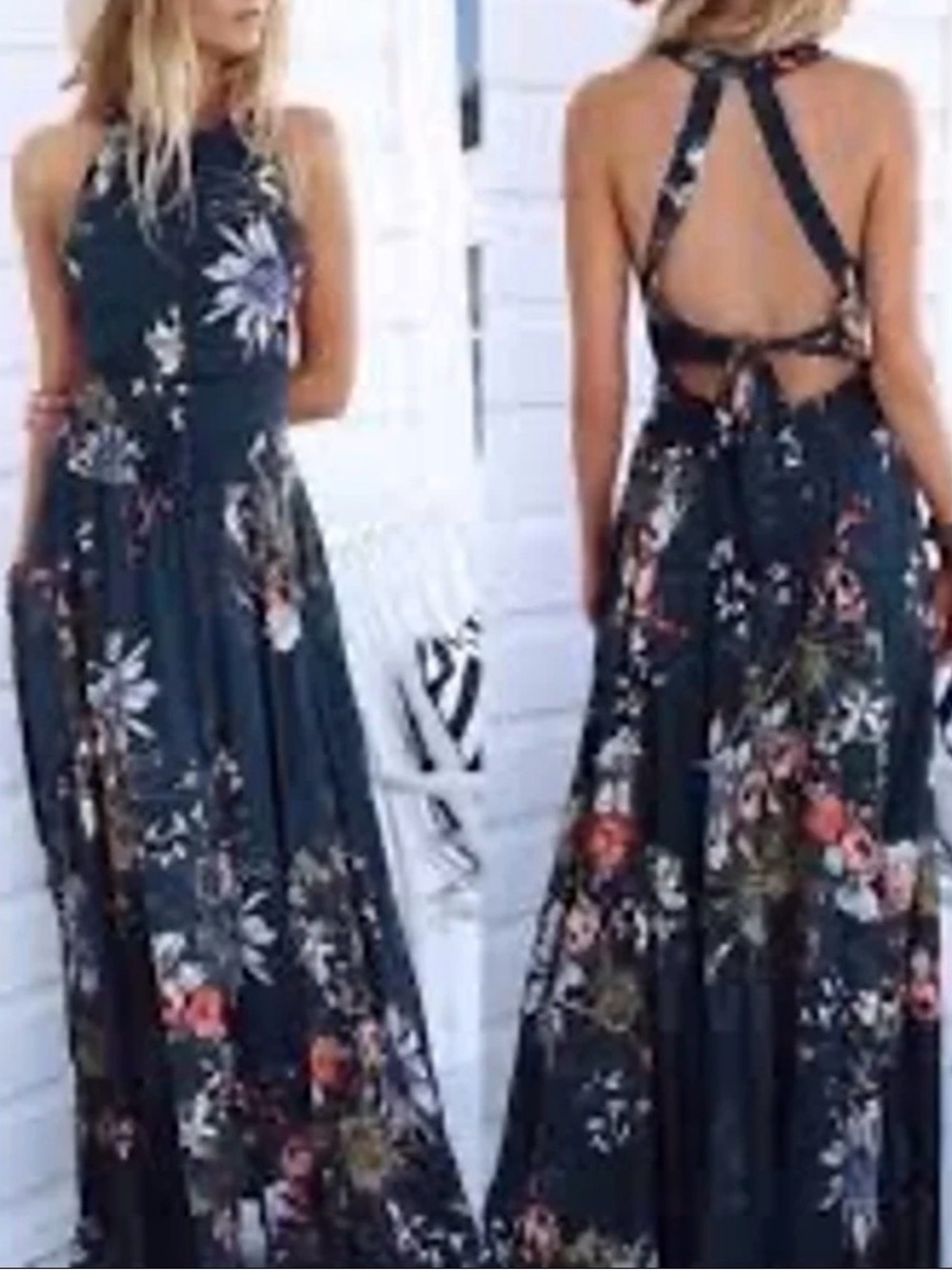 Floral Halter Maxi Dress with Open Back - Black Floral